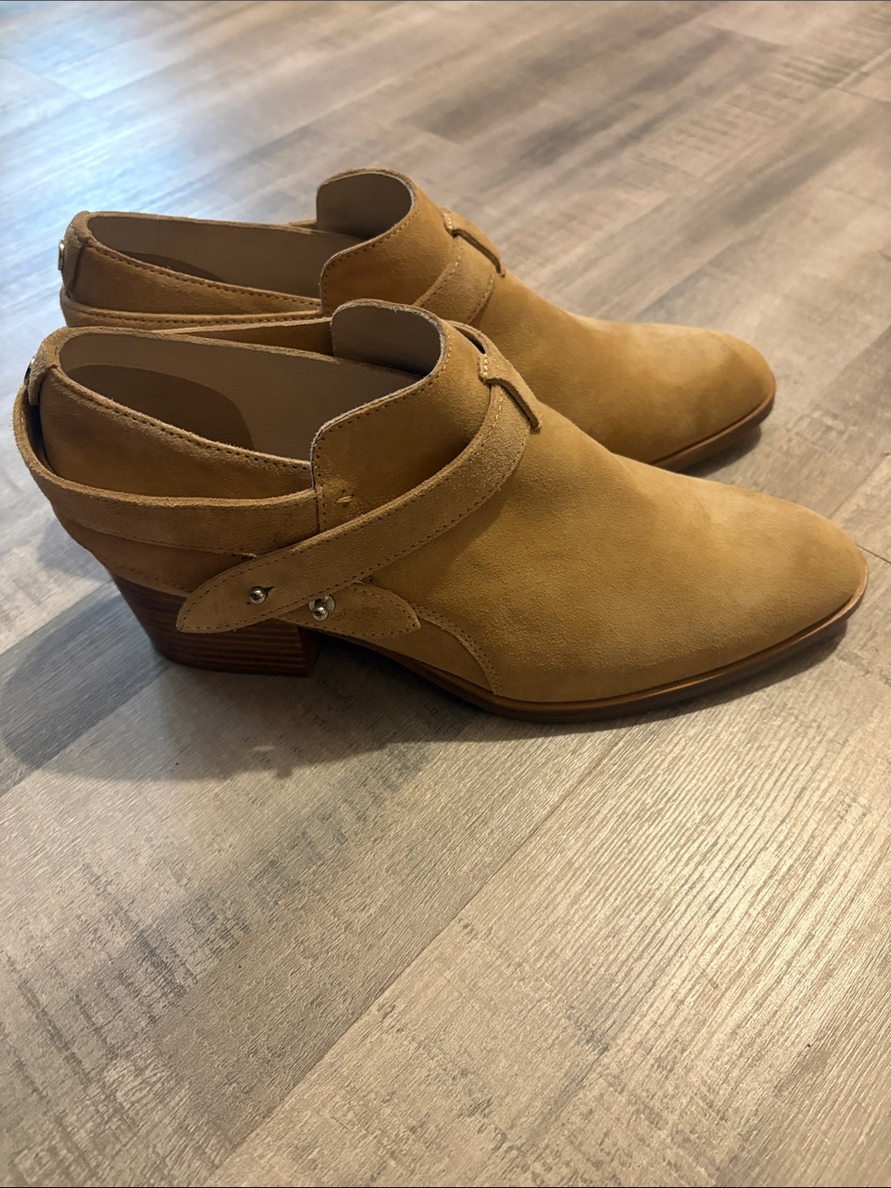 Women's Tan Suede Ankle Booties with Strap